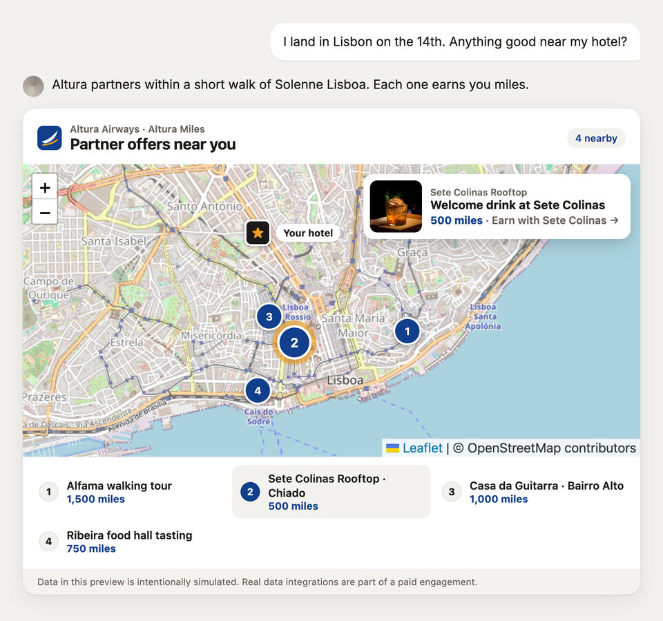 An airline program's partner offers on a map of Lisbon inside an AI chat, each showing the miles it earns.