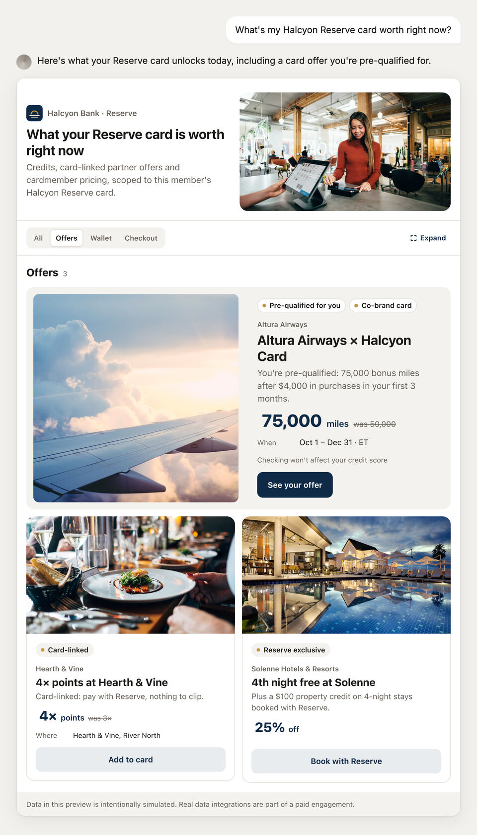 A card program's offers inside an AI chat: a pre-qualified co-brand card offer, a dining offer and a hotel offer.