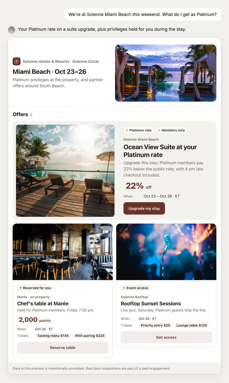 A hotel program's Platinum suite rate, reserved chef's table and rooftop event inside an AI chat.