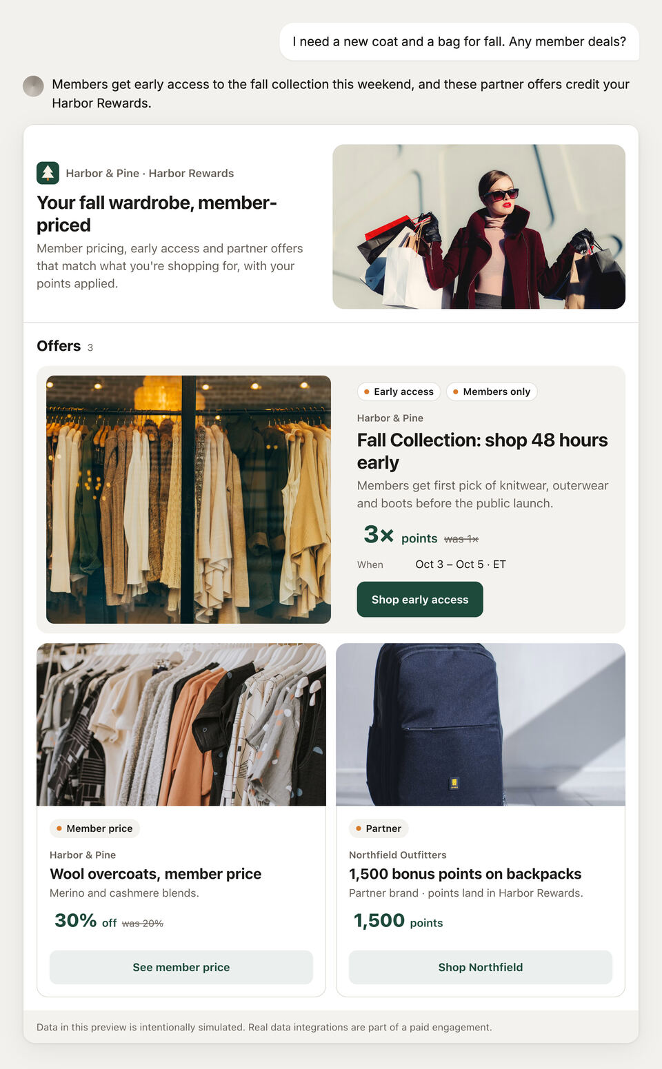 A retailer's member early-access sale and member-priced coats inside an AI chat.